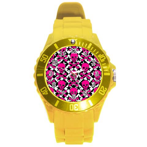 Pink Skulls & Stars Round Plastic Sport Watch (L) from ArtsNow.com Front