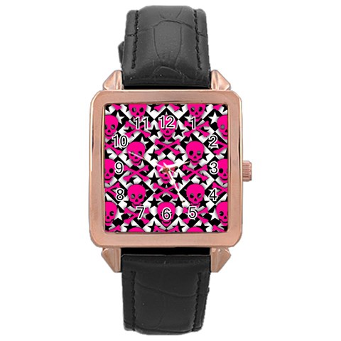 Pink Skulls & Stars Rose Gold Leather Watch  from ArtsNow.com Front