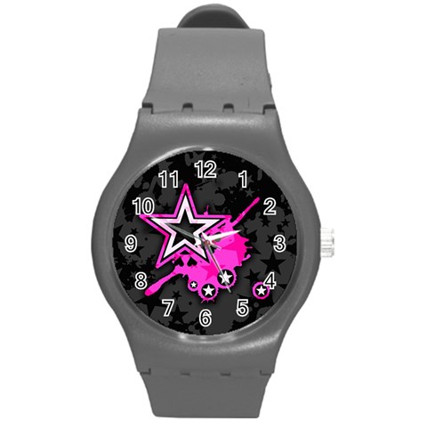 Pink Star Design Round Plastic Sport Watch (M) from ArtsNow.com Front