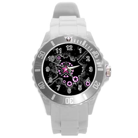 Pink Star Explosion Round Plastic Sport Watch (L) from ArtsNow.com Front