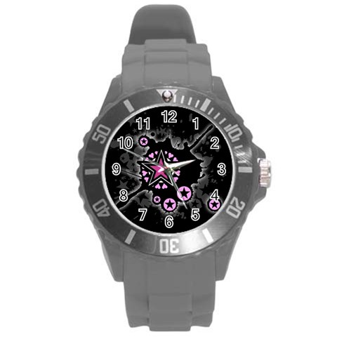 Pink Star Explosion Round Plastic Sport Watch (L) from ArtsNow.com Front