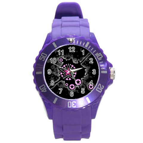 Pink Star Explosion Round Plastic Sport Watch (L) from ArtsNow.com Front