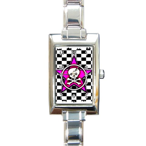 Pink Star Skull Checker Rectangle Italian Charm Watch from ArtsNow.com Front