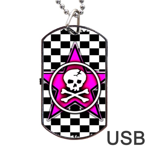 Pink Star Skull Checker Dog Tag USB Flash (One Side) from ArtsNow.com Front