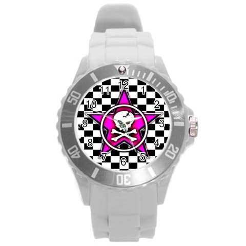 Pink Star Skull Checker Round Plastic Sport Watch (L) from ArtsNow.com Front