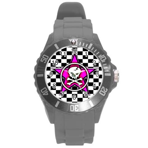 Pink Star Skull Checker Round Plastic Sport Watch (L) from ArtsNow.com Front