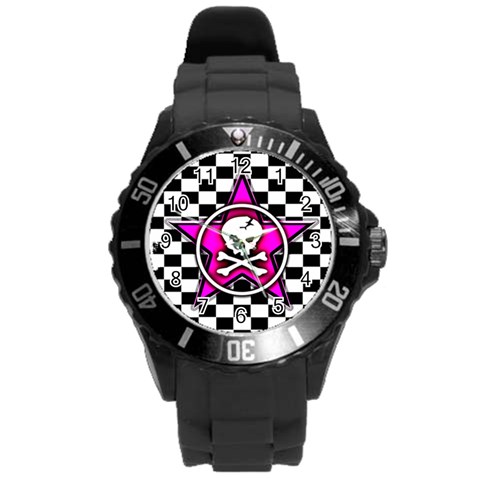 Pink Star Skull Checker Round Plastic Sport Watch (L) from ArtsNow.com Front