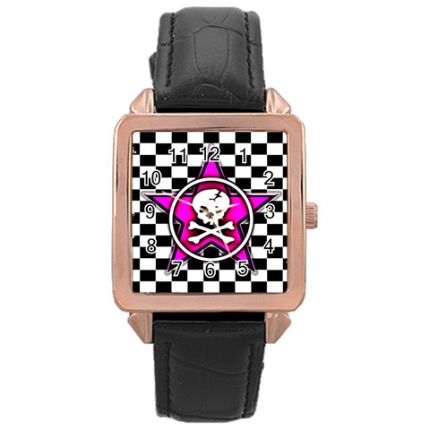 Pink Star Skull Checker Rose Gold Leather Watch  from ArtsNow.com Front