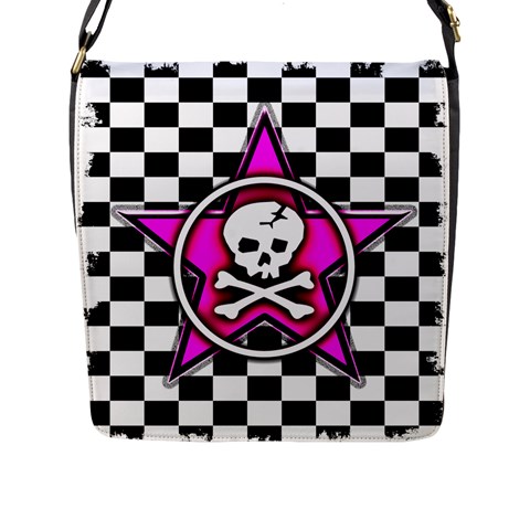 Pink Star Skull Checker Flap Closure Messenger Bag (L) from ArtsNow.com Front