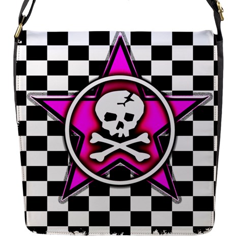 Pink Star Skull Checker Flap Closure Messenger Bag (S) from ArtsNow.com Front