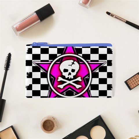 Pink Star Skull Checker Cosmetic Bag (XS) from ArtsNow.com Front