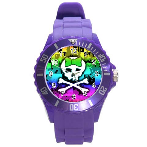 Rainbow Skull Round Plastic Sport Watch (L) from ArtsNow.com Front