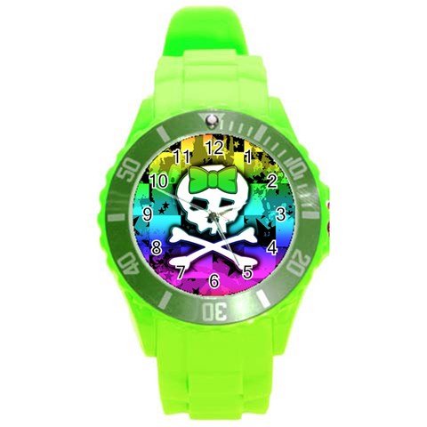 Rainbow Skull Round Plastic Sport Watch (L) from ArtsNow.com Front