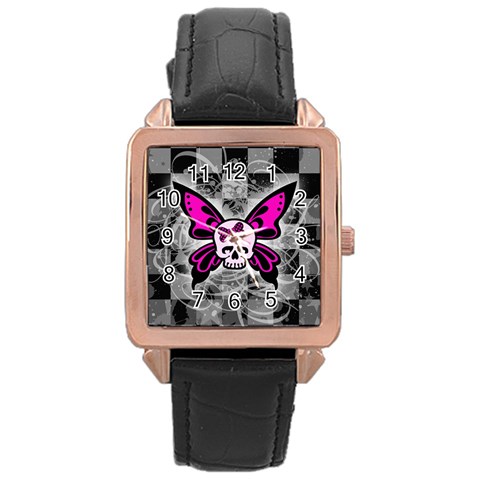 Skull Butterfly Rose Gold Leather Watch  from ArtsNow.com Front