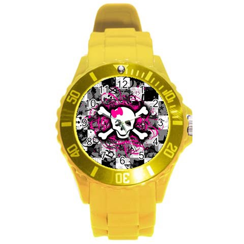 Splatter Girly Skull Round Plastic Sport Watch (L) from ArtsNow.com Front