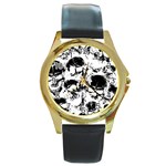 Halloween Grunge Skulls Round Gold Metal Watch