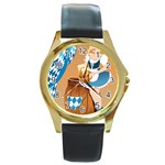 oktoberfest blonde beer girl Round Gold Metal Watch