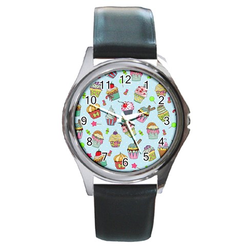 Cupcake Doodle Pattern Round Metal Watch from ArtsNow.com Front