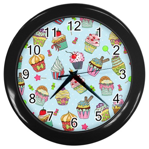 Cupcake Doodle Pattern Wall Clock (Black) from ArtsNow.com Front