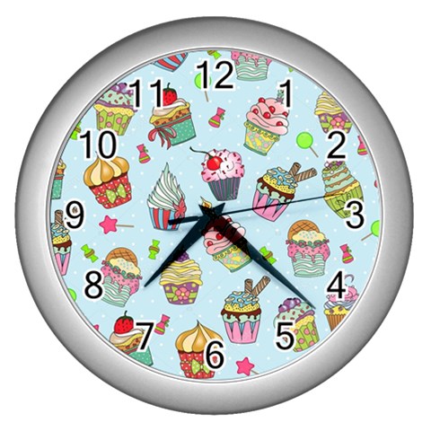 Cupcake Doodle Pattern Wall Clock (Silver) from ArtsNow.com Front