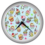 Cupcake Doodle Pattern Wall Clock (Silver)