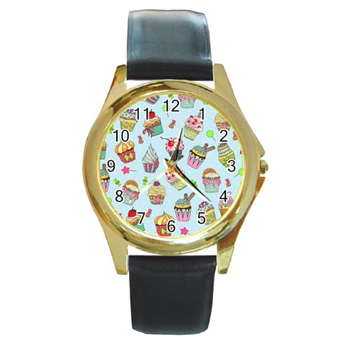 Cupcake Doodle Pattern Round Gold Metal Watch from ArtsNow.com Front