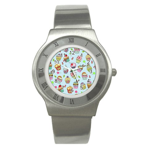 Cupcake Doodle Pattern Stainless Steel Watch from ArtsNow.com Front