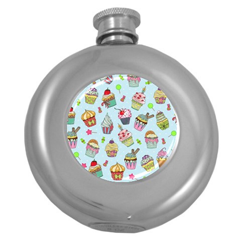 Cupcake Doodle Pattern Round Hip Flask (5 oz) from ArtsNow.com Front