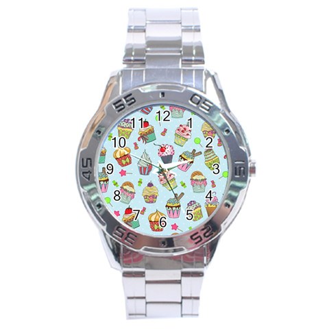 Cupcake Doodle Pattern Stainless Steel Analogue Watch from ArtsNow.com Front