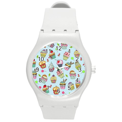 Cupcake Doodle Pattern Round Plastic Sport Watch (M) from ArtsNow.com Front