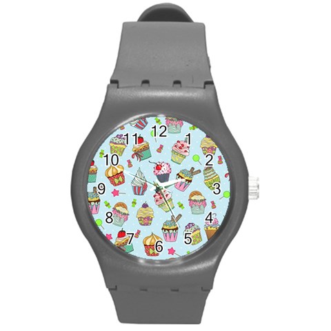 Cupcake Doodle Pattern Round Plastic Sport Watch (M) from ArtsNow.com Front