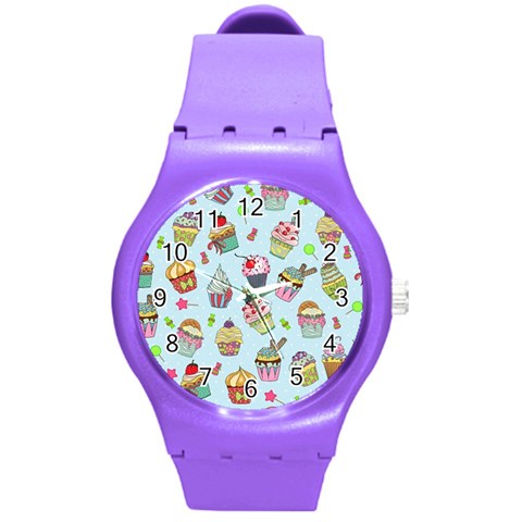 Cupcake Doodle Pattern Round Plastic Sport Watch (M) from ArtsNow.com Front