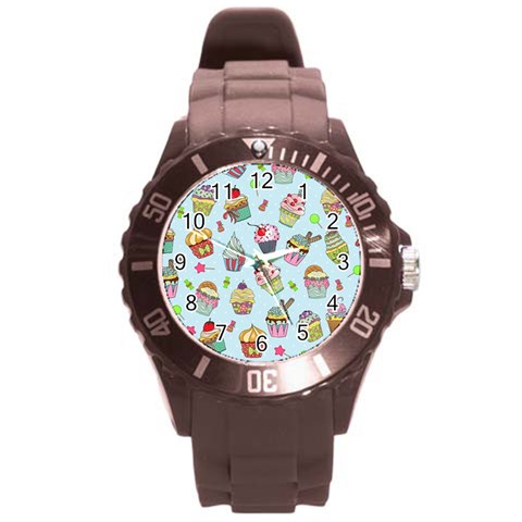 Cupcake Doodle Pattern Round Plastic Sport Watch (L) from ArtsNow.com Front