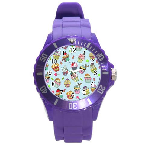 Cupcake Doodle Pattern Round Plastic Sport Watch (L) from ArtsNow.com Front