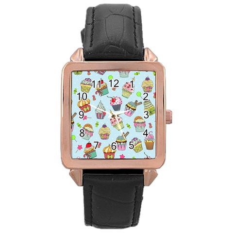 Cupcake Doodle Pattern Rose Gold Leather Watch  from ArtsNow.com Front