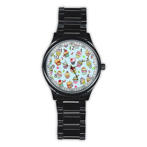 Cupcake Doodle Pattern Stainless Steel Round Watch from ArtsNow.com Front