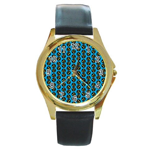 0059 Comic Head Bothered Smiley Pattern Round Gold Metal Watch from ArtsNow.com Front