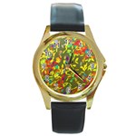 Colorful brush strokes painting on a green background                                                    Round Gold Metal Watch