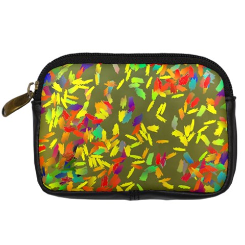 Colorful brush strokes painting on a green background                                                    Digital Camera Leather Case from ArtsNow.com Front