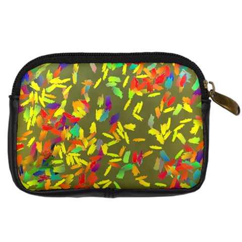 Colorful brush strokes painting on a green background                                                    Digital Camera Leather Case from ArtsNow.com Back