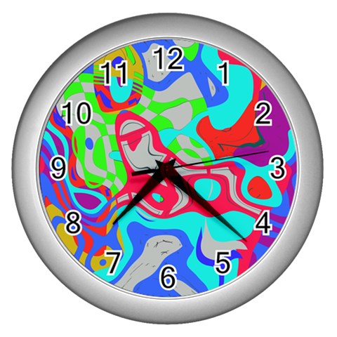 Colorful distorted shapes on a grey background                                                     Wall Clock (Silver) from ArtsNow.com Front