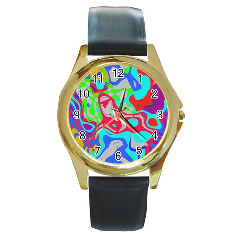 Colorful distorted shapes on a grey background                                                     Round Gold Metal Watch from ArtsNow.com Front