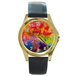 Colorful watercolors texture                                                    Round Gold Metal Watch