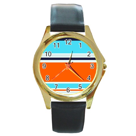 Tri Color Stripes Round Gold Metal Watch from ArtsNow.com Front