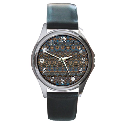 Boho Blue Gold Pattern Round Metal Watch from ArtsNow.com Front