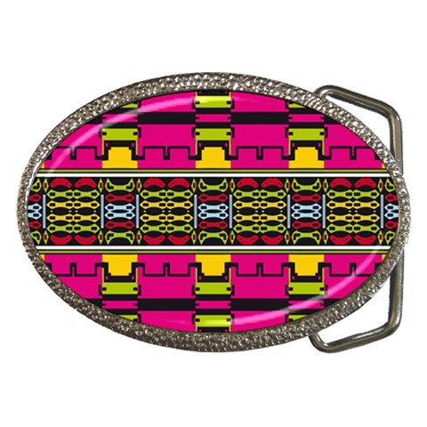 Pink yellow green shapes                                                       Belt Buckle from ArtsNow.com Front