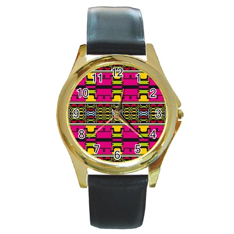 Pink yellow green shapes                                                       Round Gold Metal Watch from ArtsNow.com Front