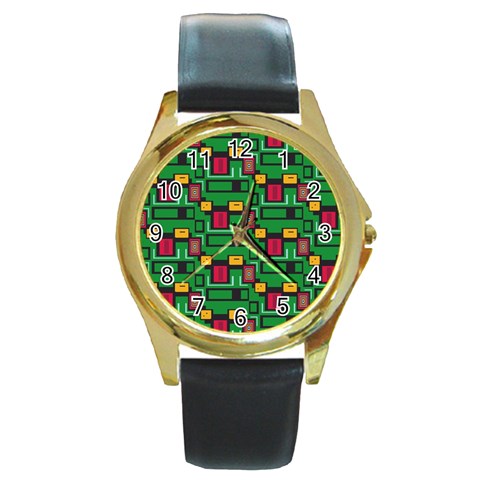 Rectangles on a green background                                                        Round Gold Metal Watch from ArtsNow.com Front