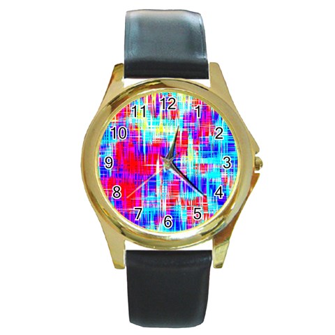 Red blue messy stripes                                                         Round Gold Metal Watch from ArtsNow.com Front