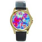 Red blue messy stripes                                                         Round Gold Metal Watch